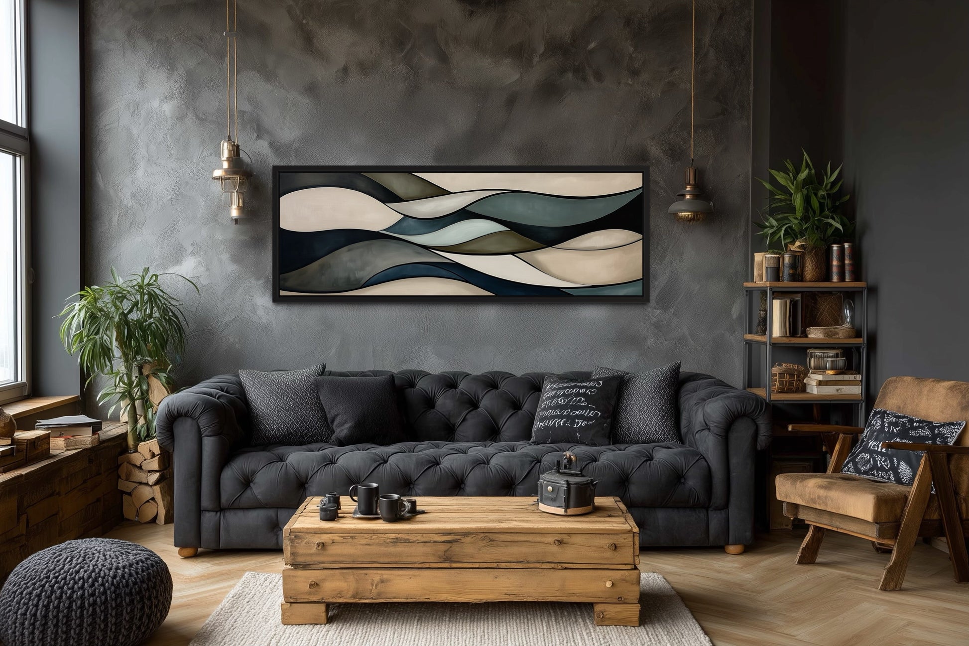 Sage Green Brown Modern Abstract Horizontal Above Bed Framed Wall Art