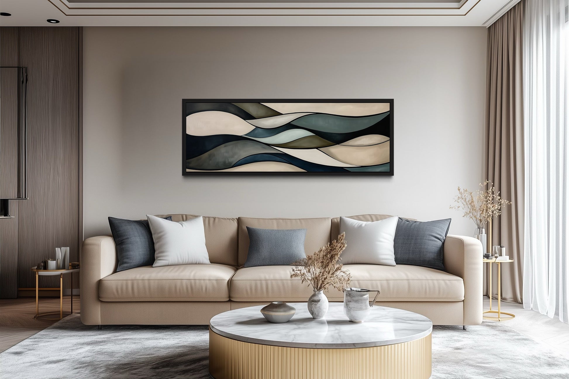 Sage Green Brown Modern Abstract Horizontal Above Bed Framed Wall Art