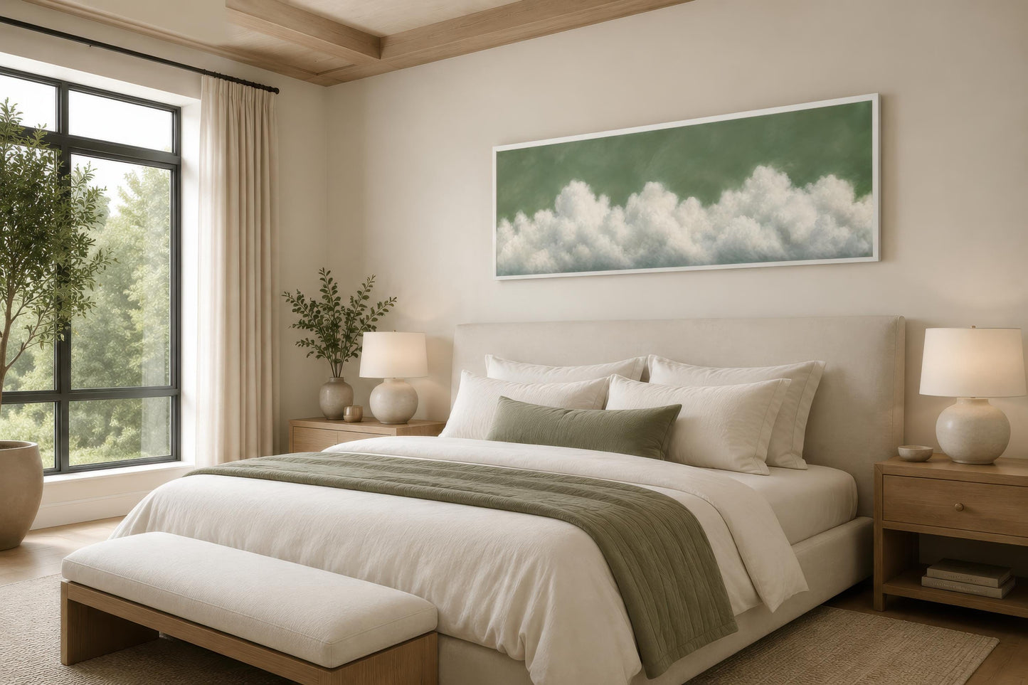 Sage Green Cloud Wall Art – Long Narrow Canvas With Soft White Clouds Above Bed Decor
