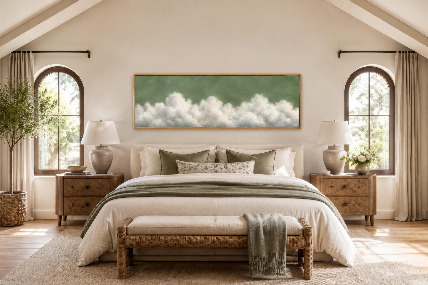 Sage Green Cloud Wall Art – Long Narrow Canvas With Soft White Clouds Above Bed Decor