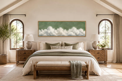 Sage Green Cloud Wall Art – Long Narrow Canvas With Soft White Clouds Above Bed Decor