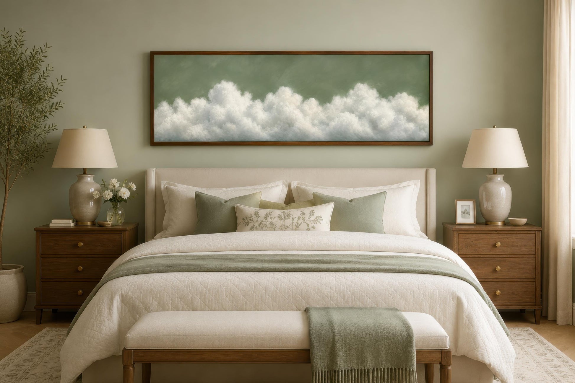 Sage Green Cloud Wall Art – Long Narrow Canvas With Soft White Clouds Above Bed Decor