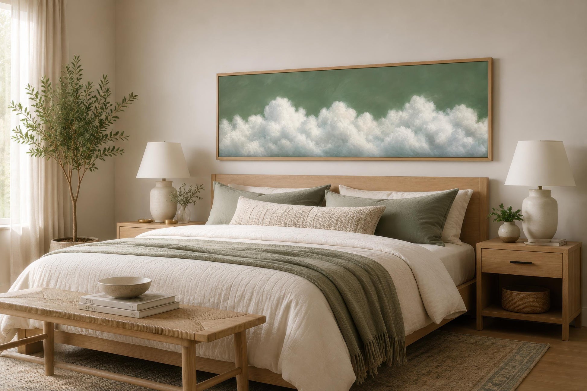 Sage Green Cloud Wall Art – Long Narrow Canvas With Soft White Clouds Above Bed Decor