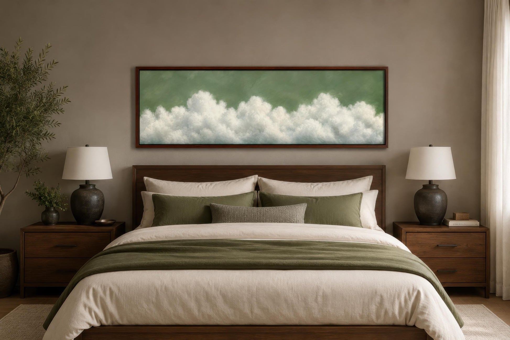 Sage Green Cloud Wall Art – Long Narrow Canvas With Soft White Clouds Above Bed Decor