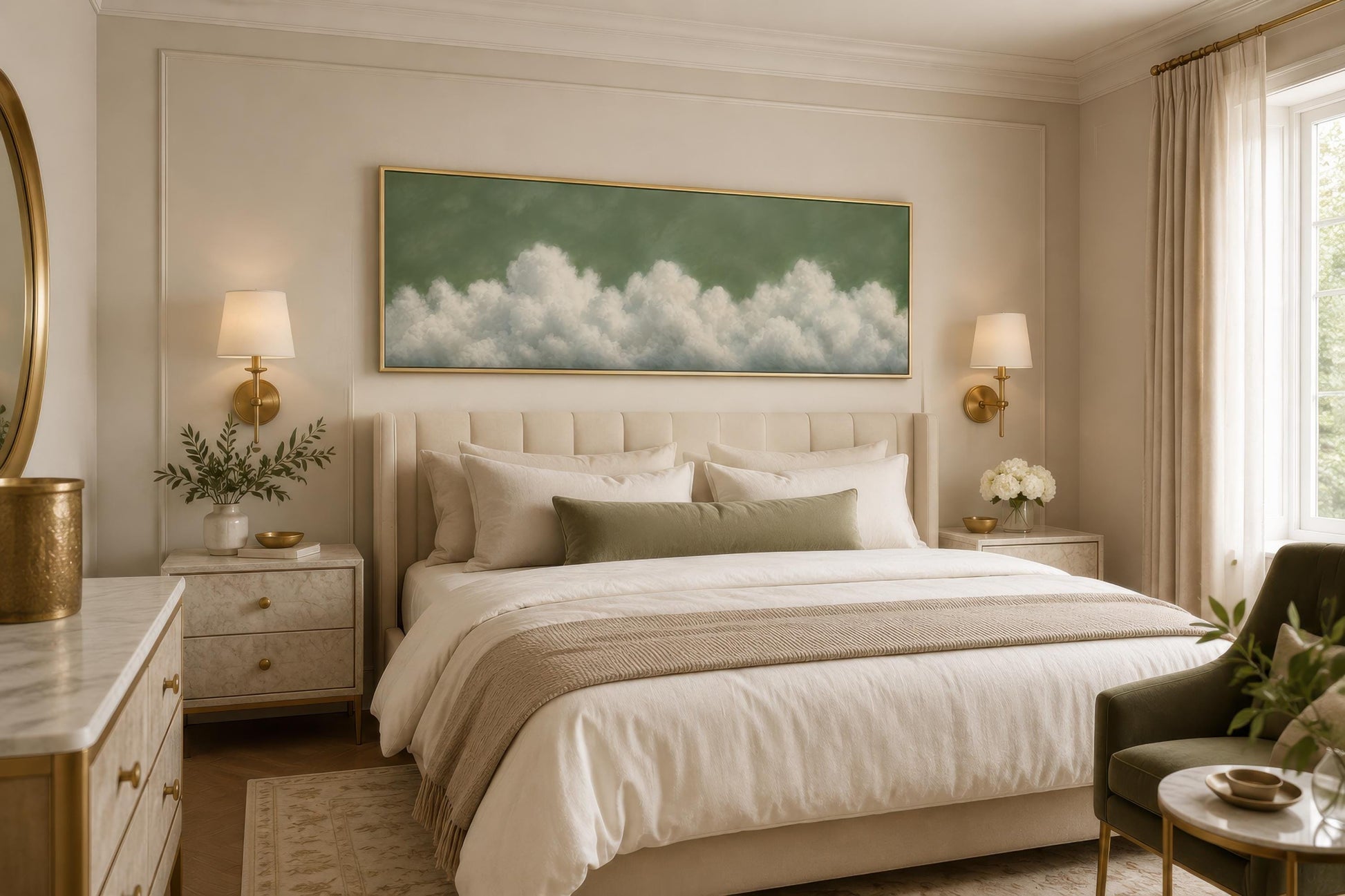 Sage Green Cloud Wall Art – Long Narrow Canvas With Soft White Clouds Above Bed Decor