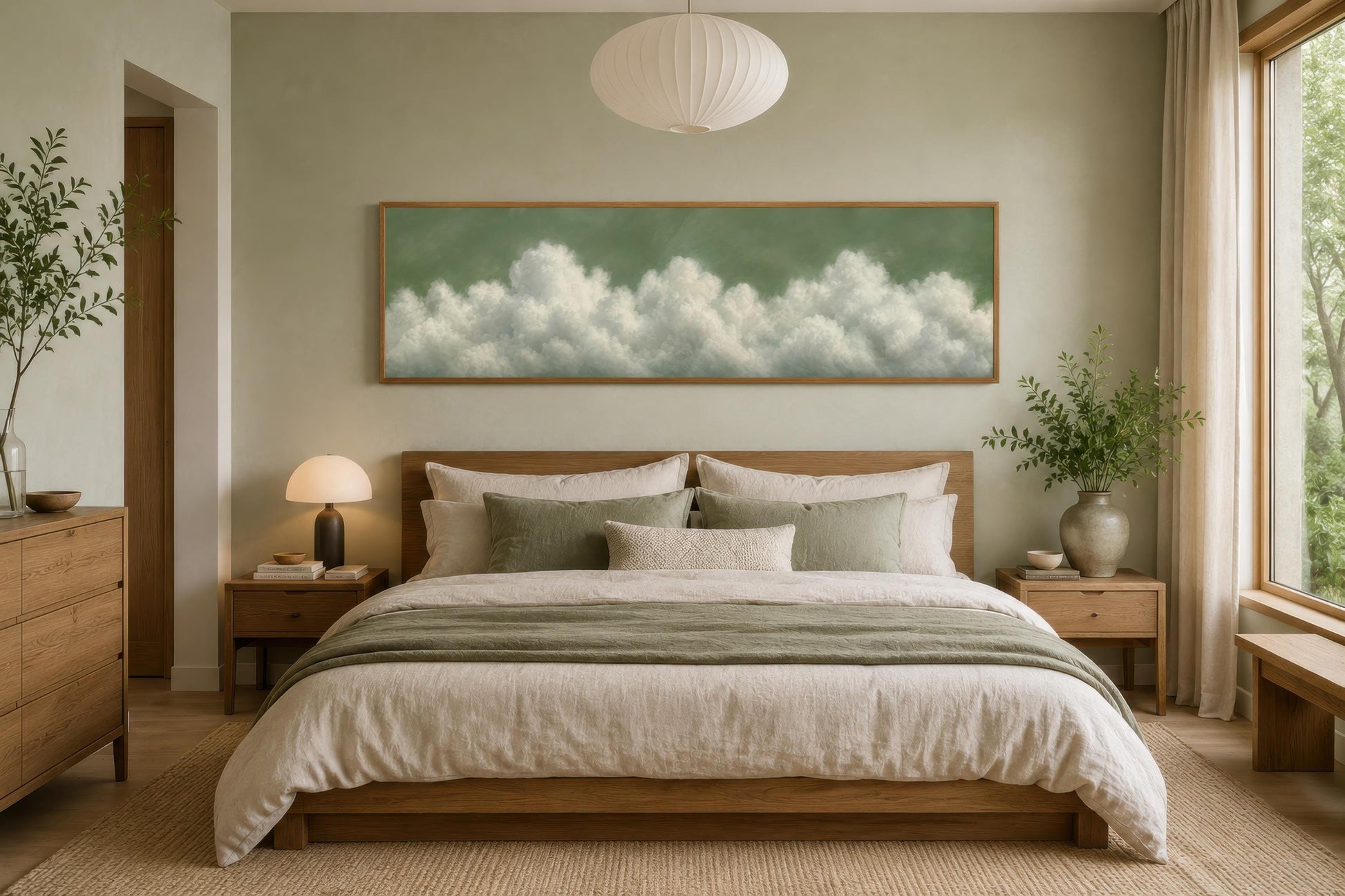 Sage Green Cloud Wall Art – Long Narrow Canvas With Soft White Clouds Above Bed Decor