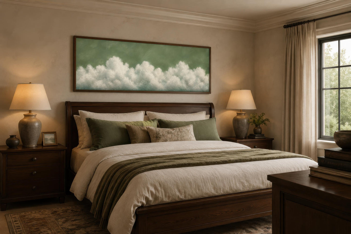 Sage Green Cloud Wall Art – Long Narrow Canvas With Soft White Clouds Above Bed Decor