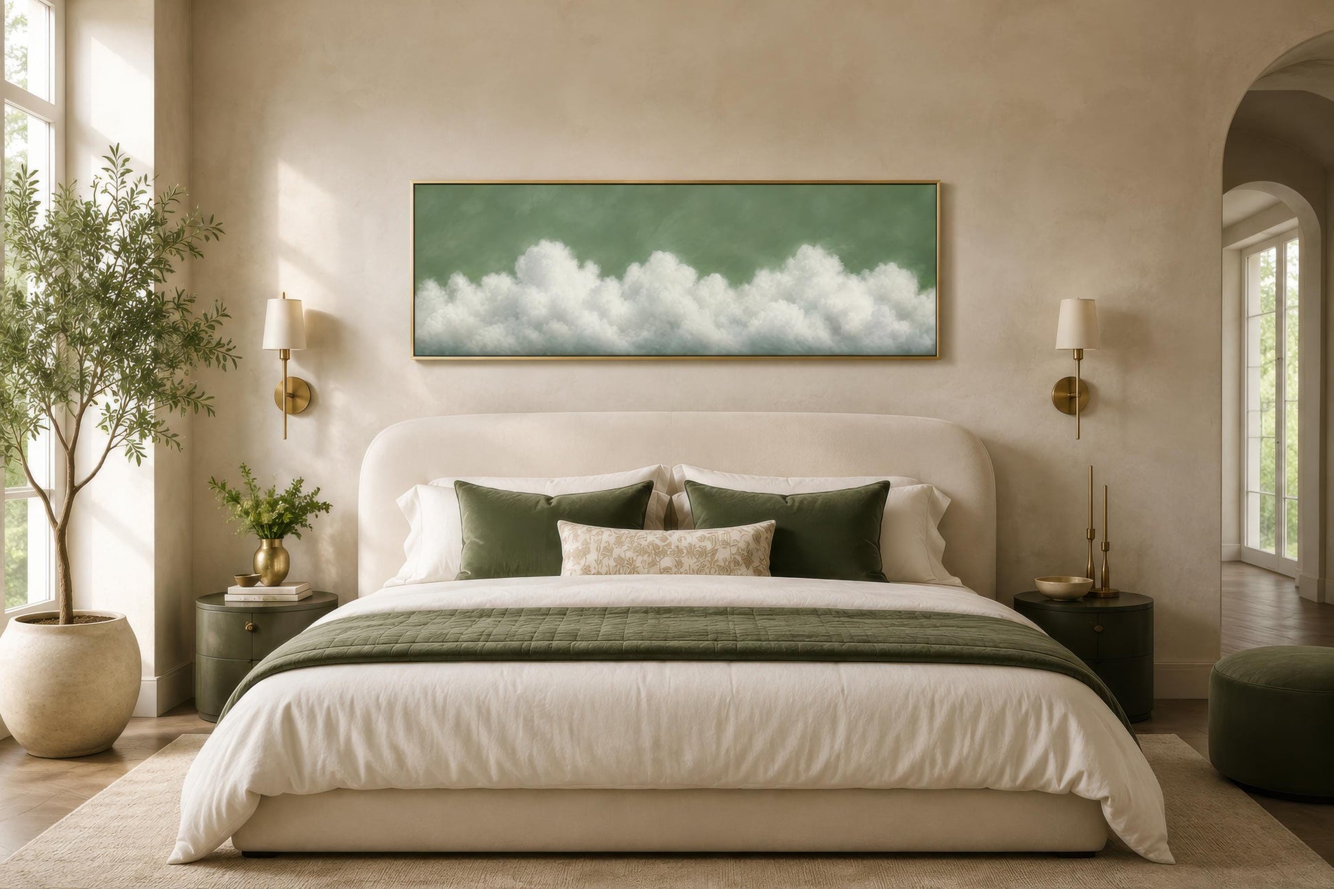 Sage Green Cloud Wall Art – Long Narrow Canvas With Soft White Clouds Above Bed Decor