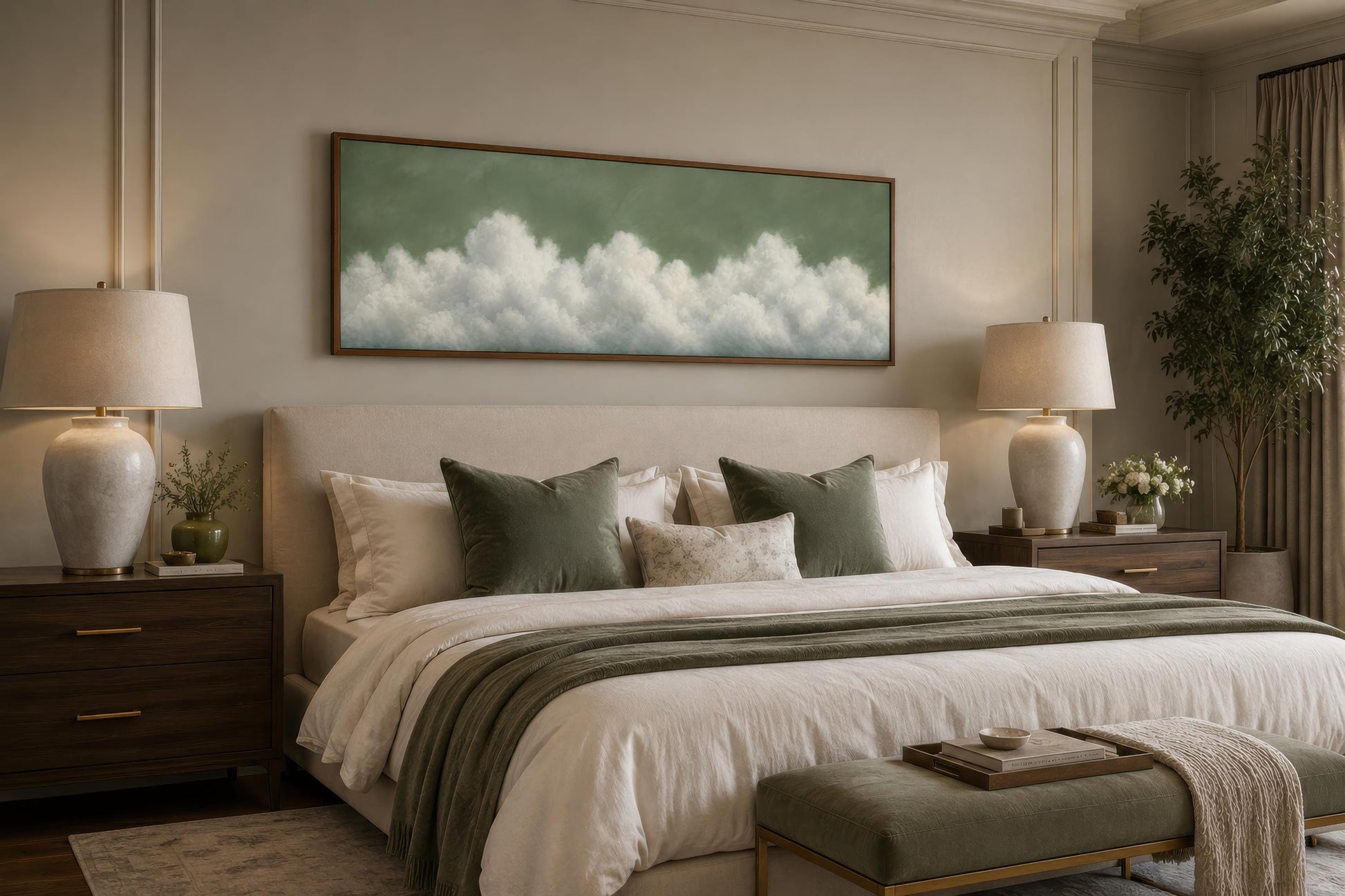 Sage Green Cloud Wall Art – Long Narrow Canvas With Soft White Clouds Above Bed Decor