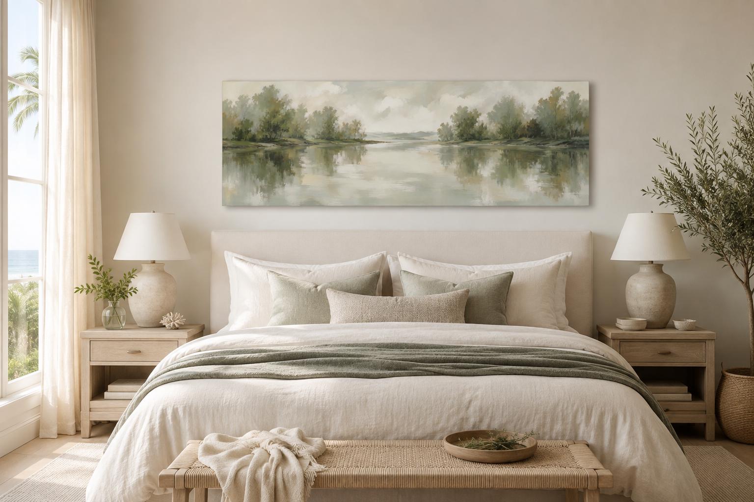 Sage Green Lake Reflection Landscape with Trees and Soft Sky Long Horizontal Canvas Print Above Bed Decor