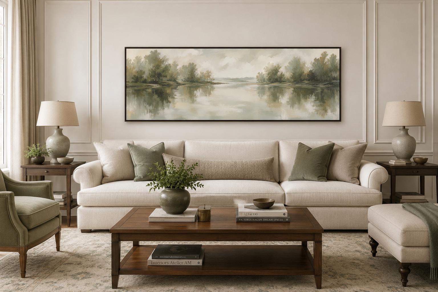 Sage Green Lake Reflection Landscape with Trees and Soft Sky Long Horizontal Canvas Print Above Bed Decor