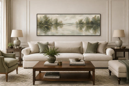 Sage Green Lake Reflection Landscape with Trees and Soft Sky Long Horizontal Canvas Print Above Bed Decor