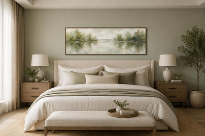 Sage Green Lake Reflection Landscape with Trees and Soft Sky Long Horizontal Canvas Print Above Bed Decor