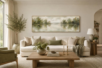 Sage Green Lake Reflection Landscape with Trees and Soft Sky Long Horizontal Canvas Print Above Bed Decor