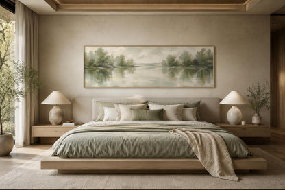 Sage Green Lake Reflection Landscape with Trees and Soft Sky Long Horizontal Canvas Print Above Bed Decor