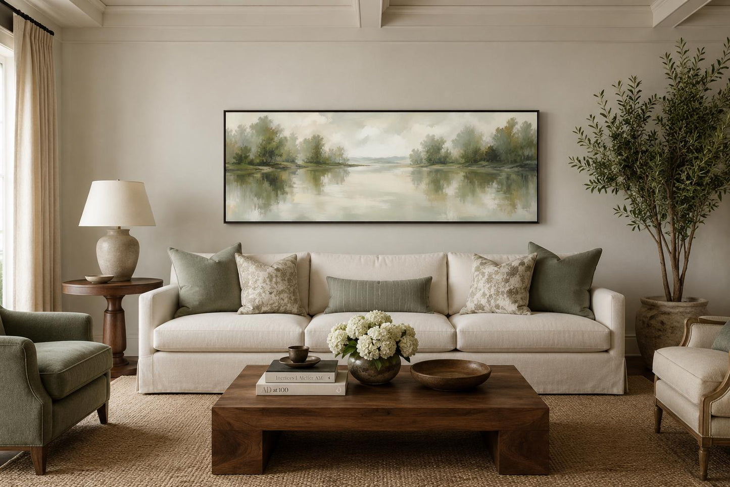 Sage Green Lake Reflection Landscape with Trees and Soft Sky Long Horizontal Canvas Print Above Bed Decor