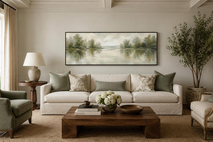 Sage Green Lake Reflection Landscape with Trees and Soft Sky Long Horizontal Canvas Print Above Bed Decor