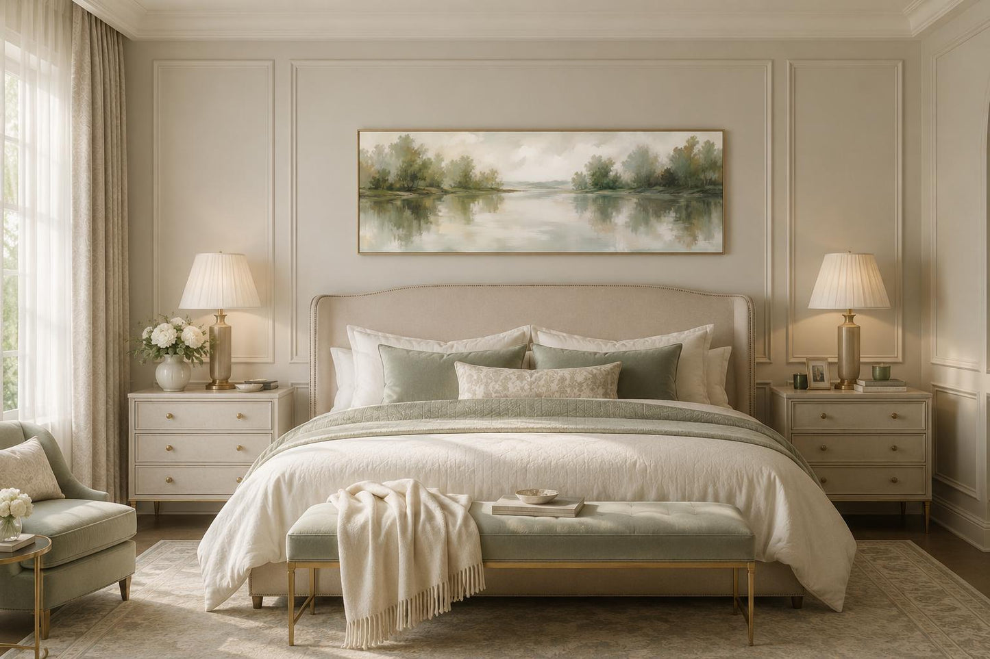 Sage Green Lake Reflection Landscape with Trees and Soft Sky Long Horizontal Canvas Print Above Bed Decor