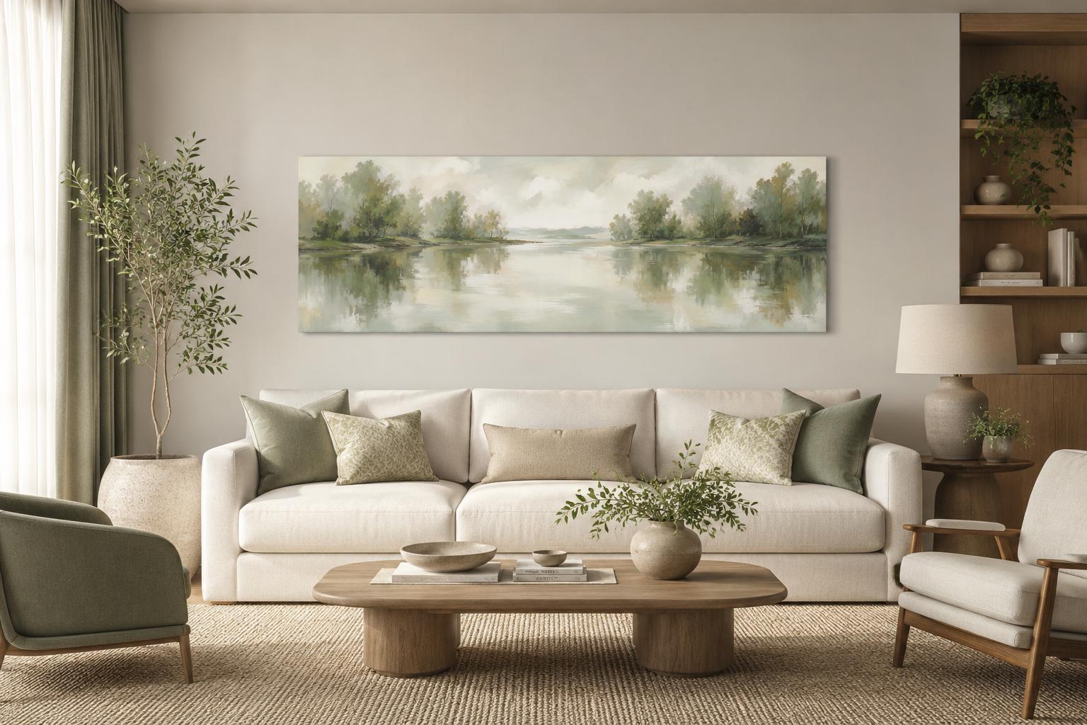 Sage Green Lake Reflection Landscape with Trees and Soft Sky Long Horizontal Canvas Print Above Bed Decor