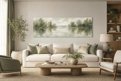 Sage Green Lake Reflection Landscape with Trees and Soft Sky Long Horizontal Canvas Print Above Bed Decor