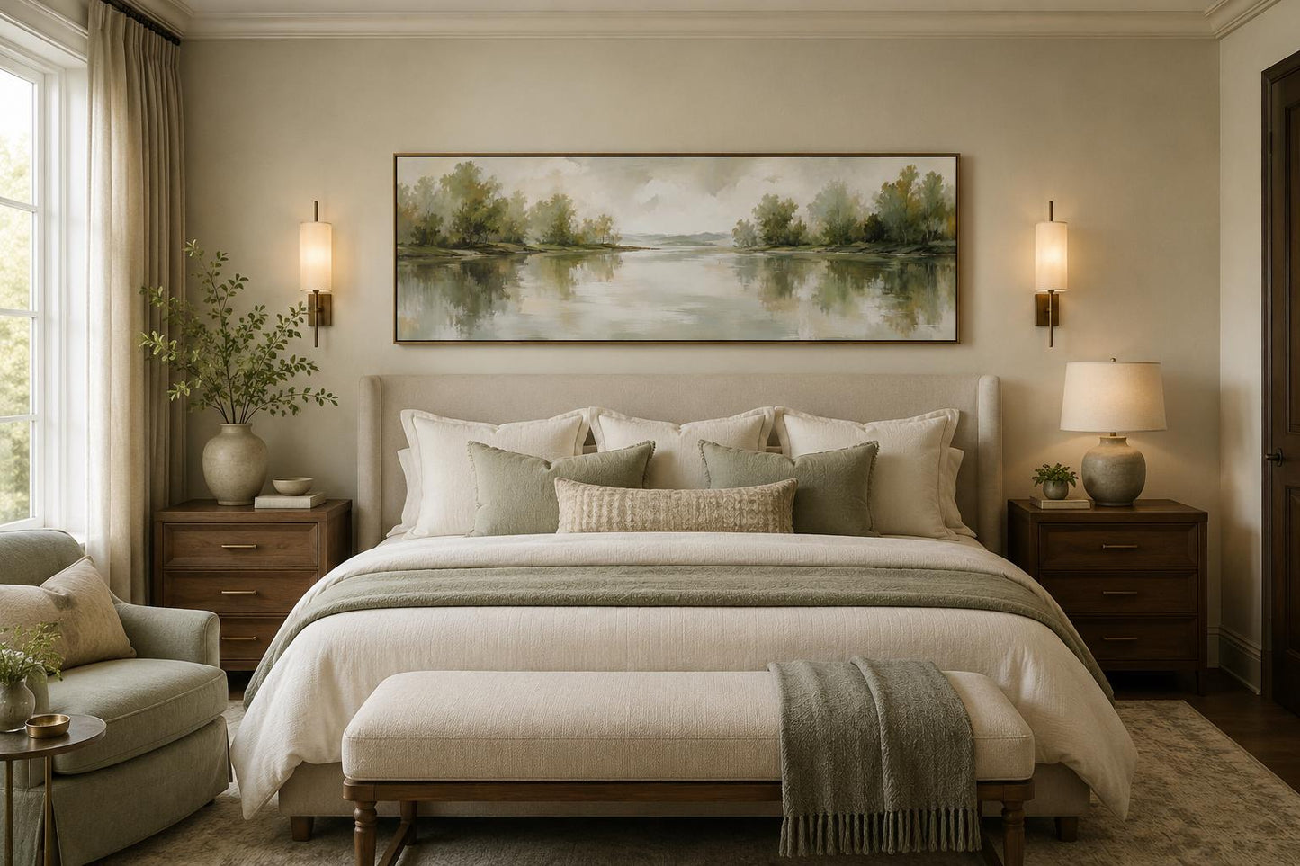 Sage Green Lake Reflection Landscape with Trees and Soft Sky Long Horizontal Canvas Print Above Bed Decor