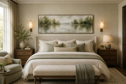 Sage Green Lake Reflection Landscape with Trees and Soft Sky Long Horizontal Canvas Print Above Bed Decor