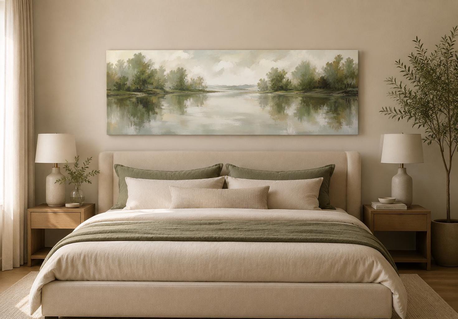 Sage Green Lake Reflection Landscape with Trees and Soft Sky Long Horizontal Canvas Print Above Bed Decor