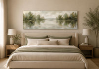 Sage Green Lake Reflection Landscape with Trees and Soft Sky Long Horizontal Canvas Print Above Bed Decor