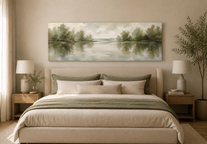 Sage Green Lake Reflection Landscape with Trees and Soft Sky Long Horizontal Canvas Print Above Bed Decor