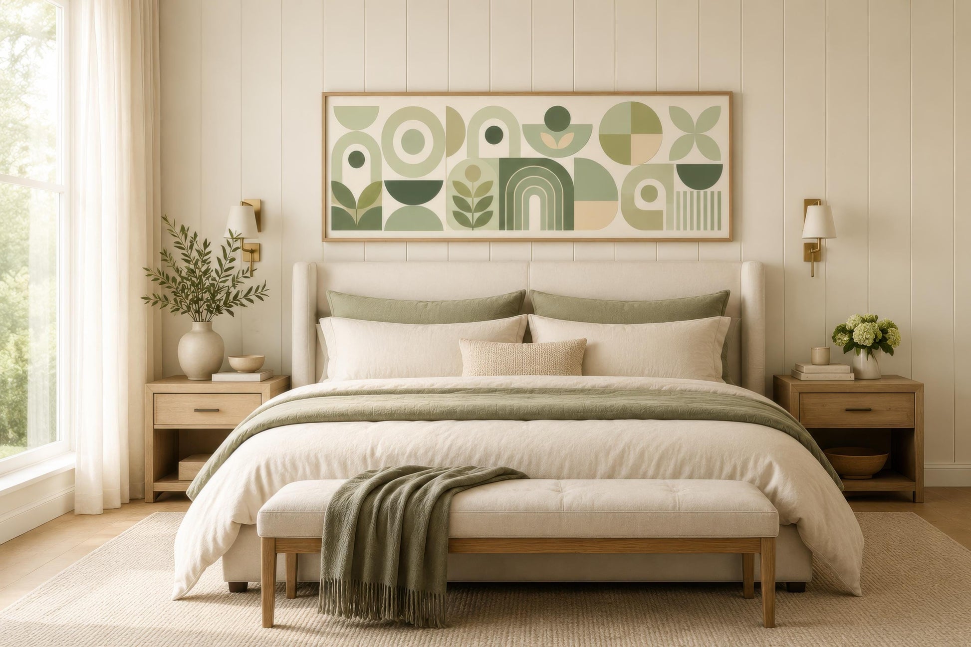 Sage Green Long Narrow Wall Art - Geometric Canvas Print | Bauhaus Wall Decor