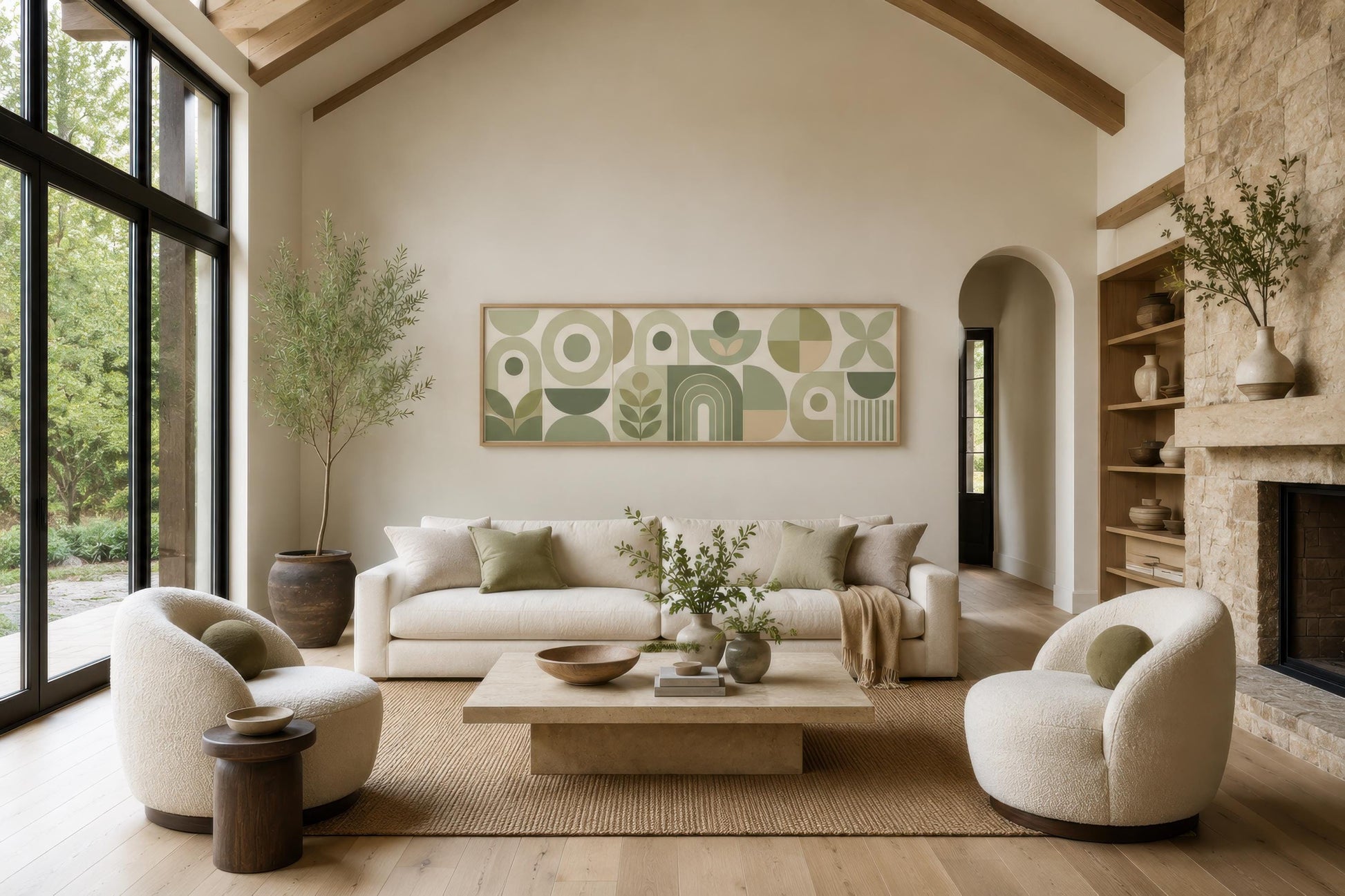 Sage Green Long Narrow Wall Art - Geometric Canvas Print | Bauhaus Wall Decor