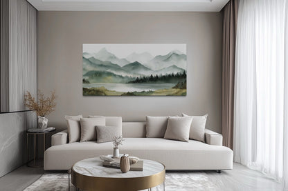 Sage Green Mountain Lake Landscape Framed Canvas Wall Art