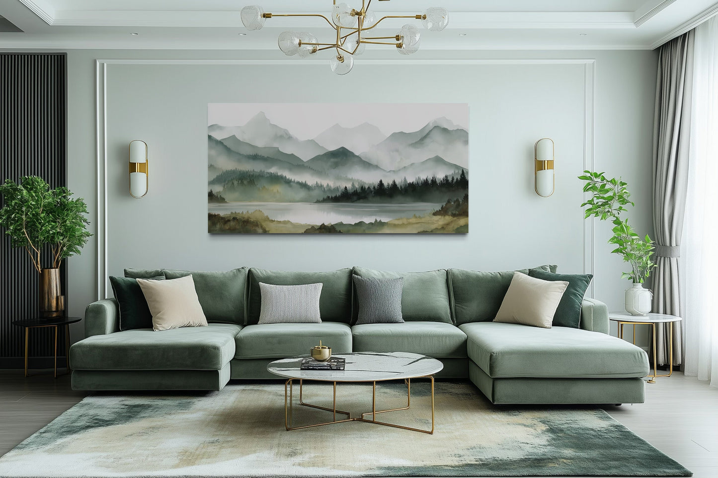 Sage Green Mountain Lake Landscape Framed Canvas Wall Art