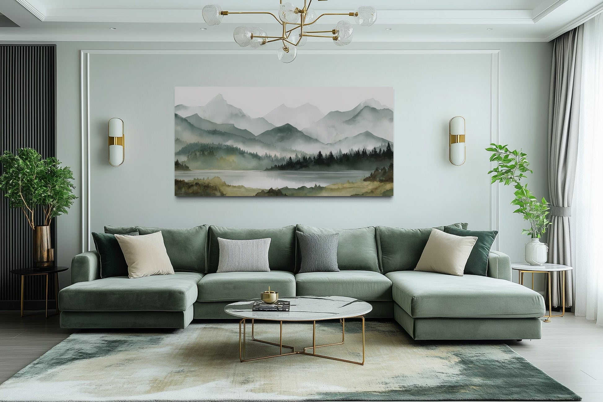 Sage Green Mountain Lake Landscape Framed Canvas Wall Art