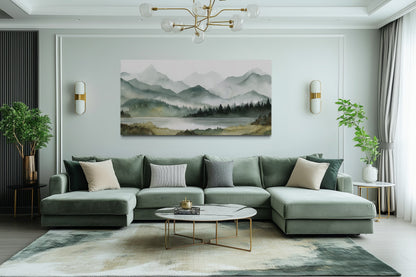 Sage Green Mountain Lake Landscape Framed Canvas Wall Art