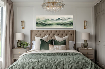 Sage Green Mountains Lake Long Horizontal Watercolor Framed Canvas Wall Art