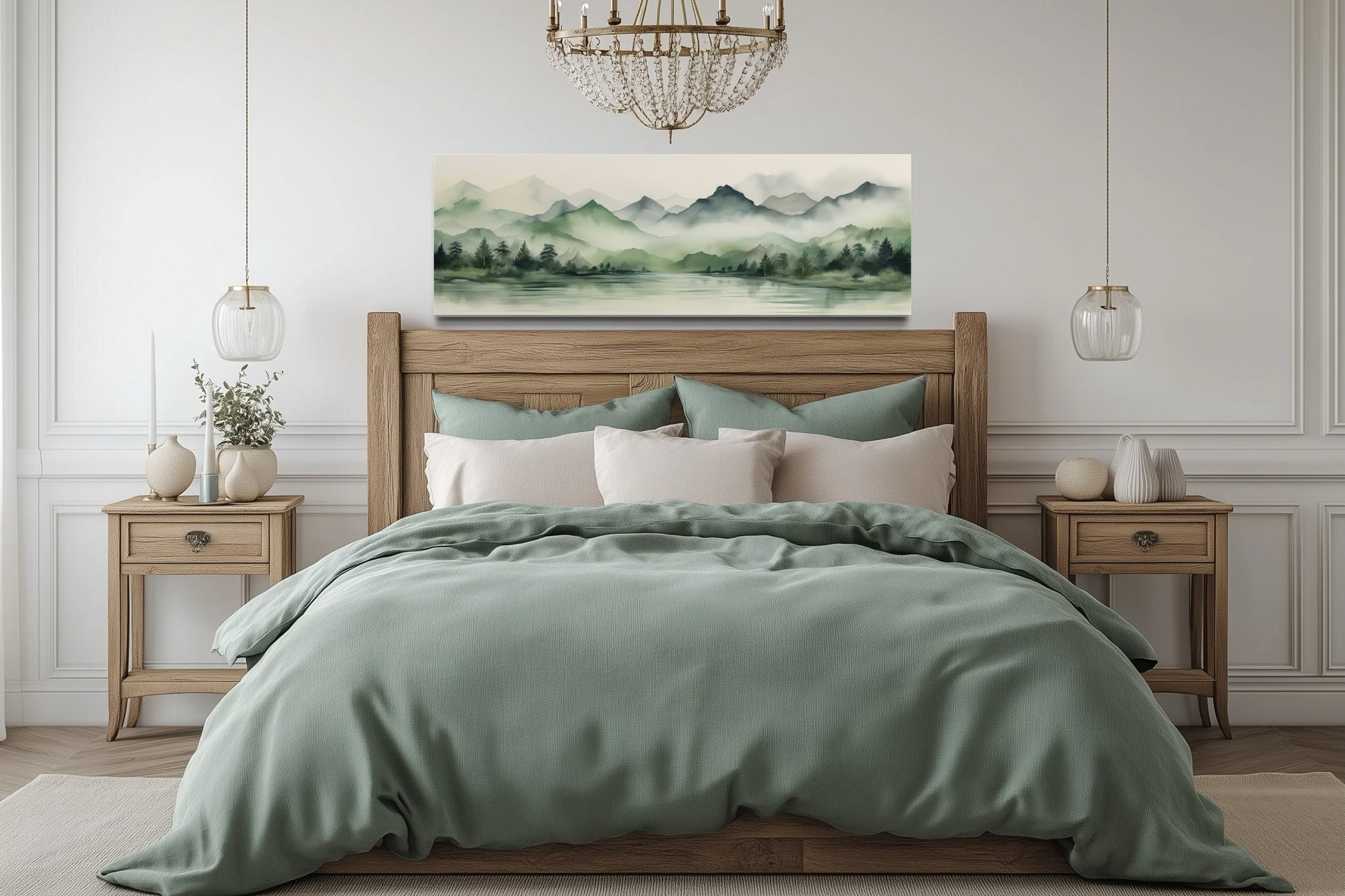 Sage Green Mountains Lake Long Horizontal Watercolor Framed Canvas Wall Art