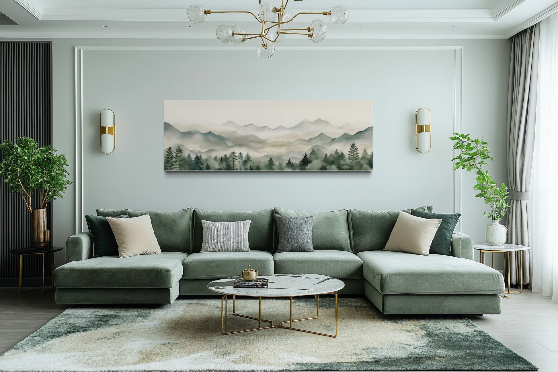 Sage Green Mountains Long Horizontal Canvas Wall Art Above Bed Or Couch