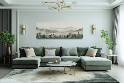 Sage Green Mountains Long Horizontal Canvas Wall Art Above Bed Or Couch