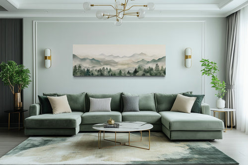 Sage Green Mountains Long Horizontal Canvas Wall Art Above Bed Or Couch