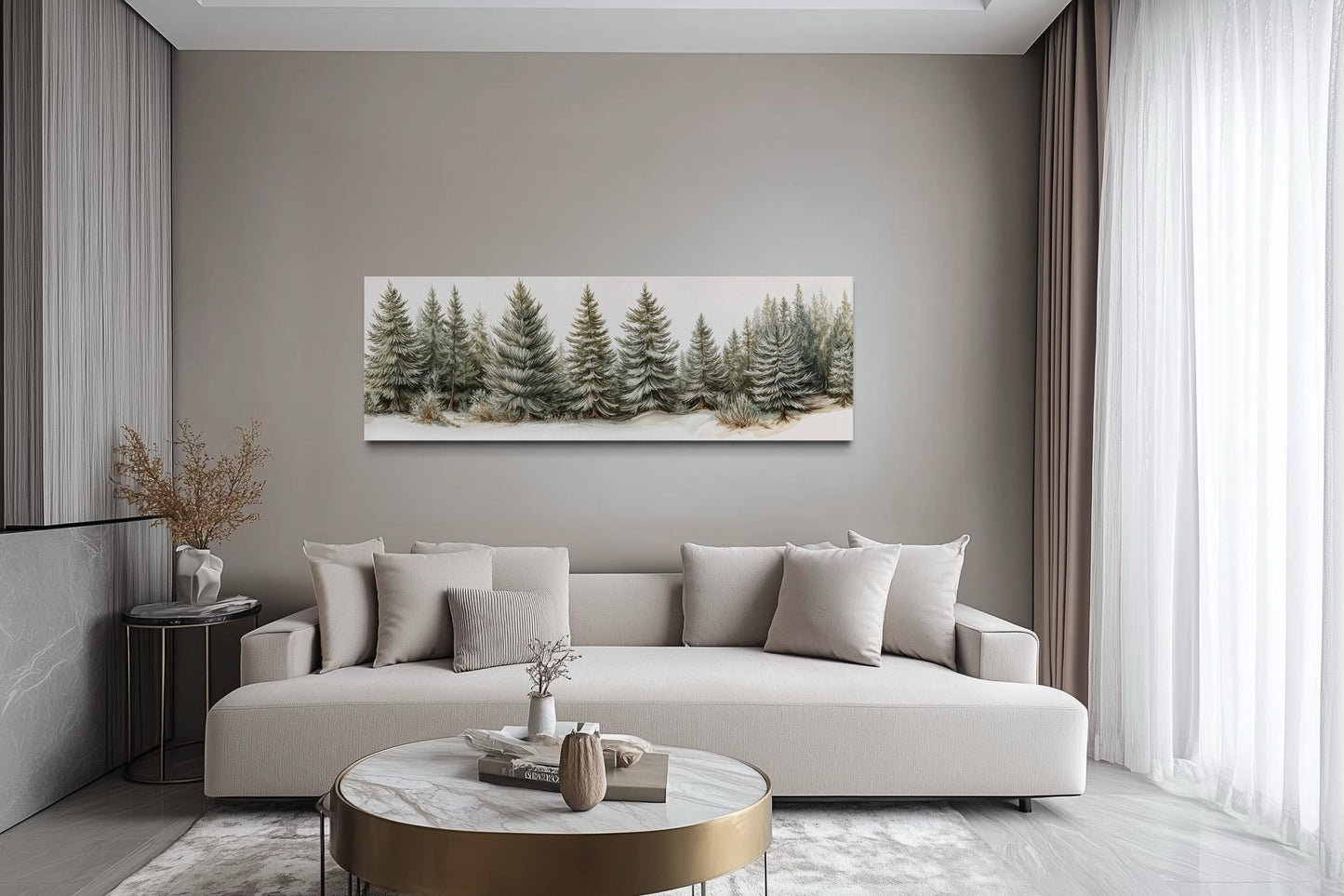 Sage Green Pine Trees Wall Art - Long Horizontal Canvas | Neutral Forest Decor