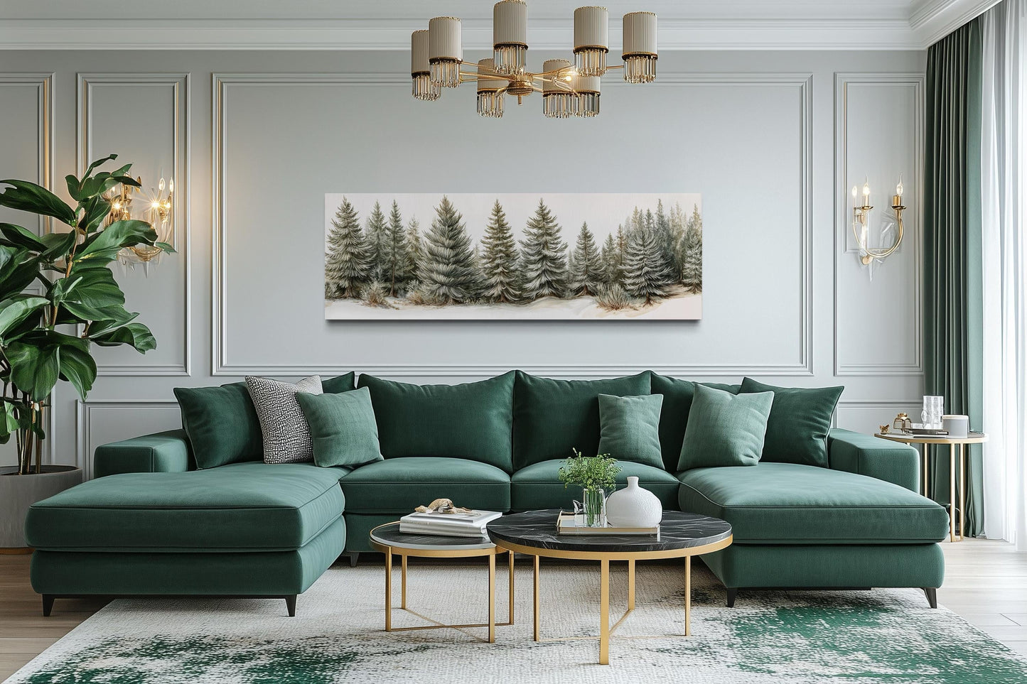 Sage Green Pine Trees Wall Art - Long Horizontal Canvas | Neutral Forest Decor