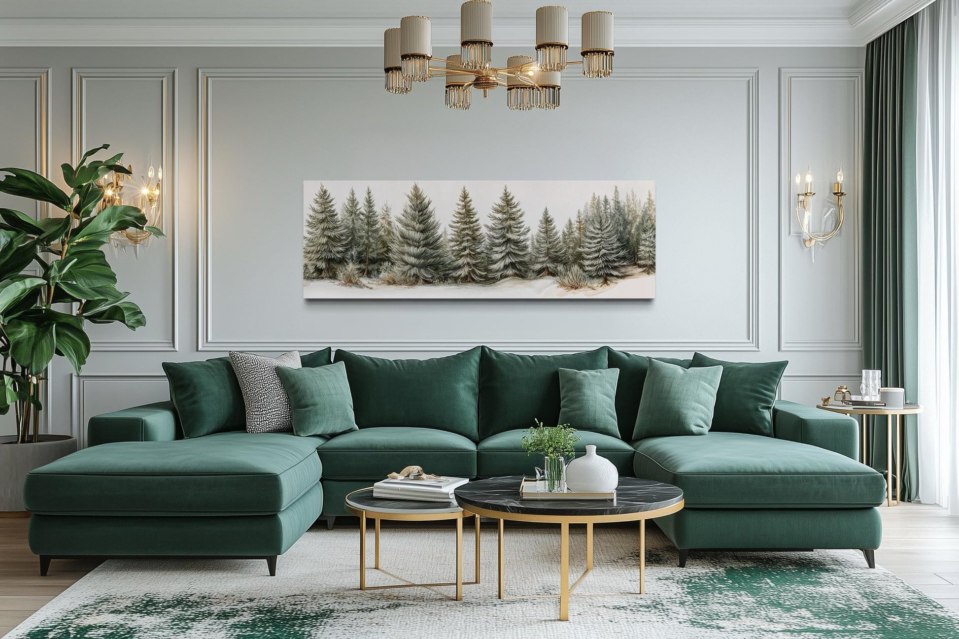 Sage Green Pine Trees Wall Art - Long Horizontal Canvas | Neutral Forest Decor