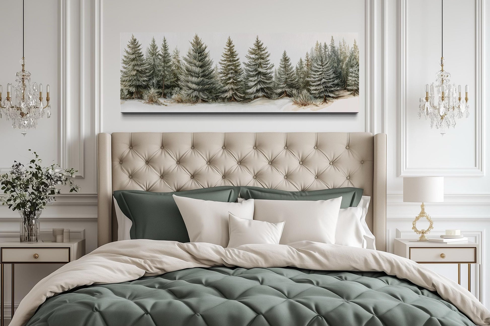 Sage Green Pine Trees Wall Art - Long Horizontal Canvas | Neutral Forest Decor