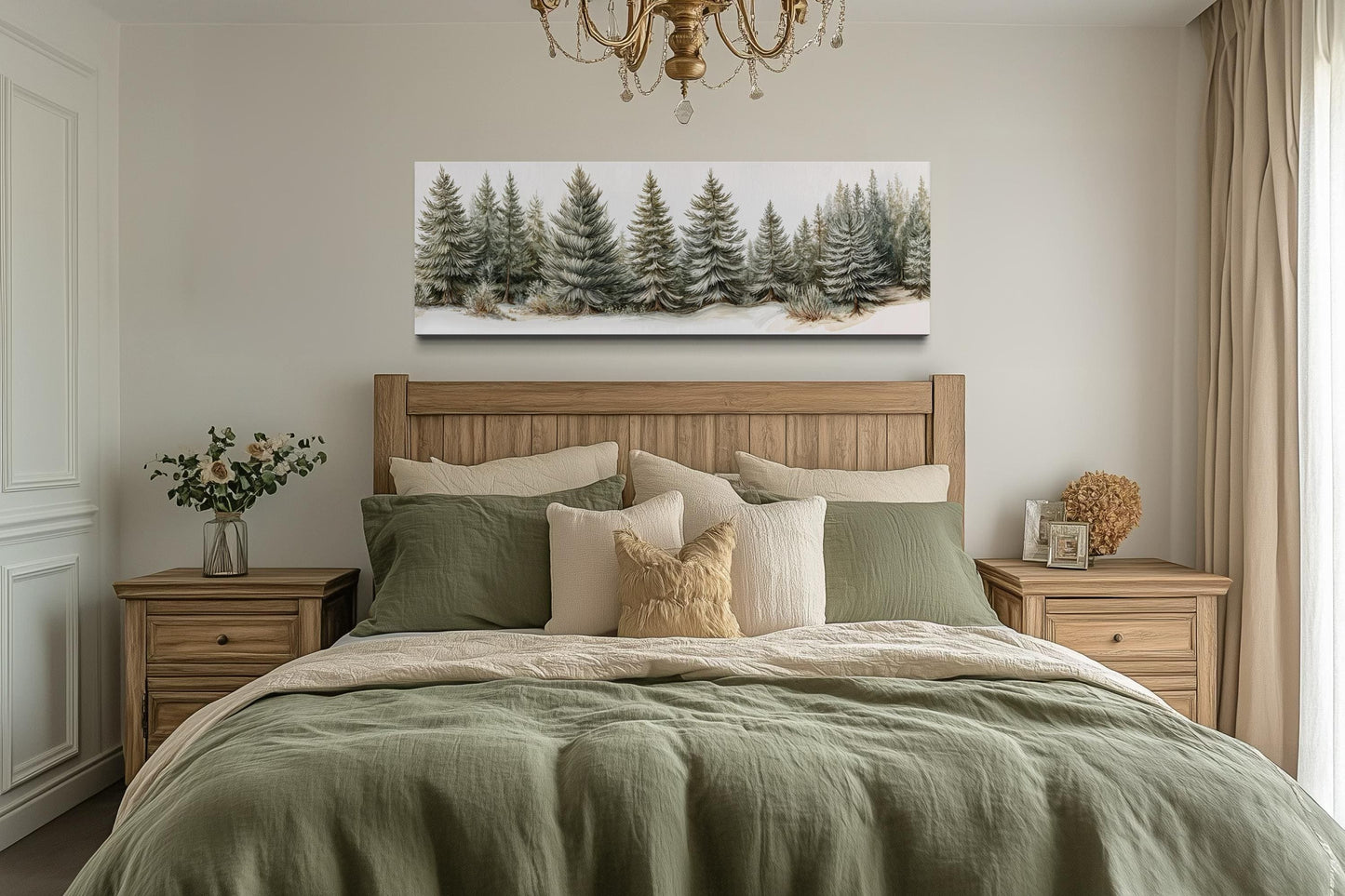 Sage Green Pine Trees Wall Art - Long Horizontal Canvas | Neutral Forest Decor