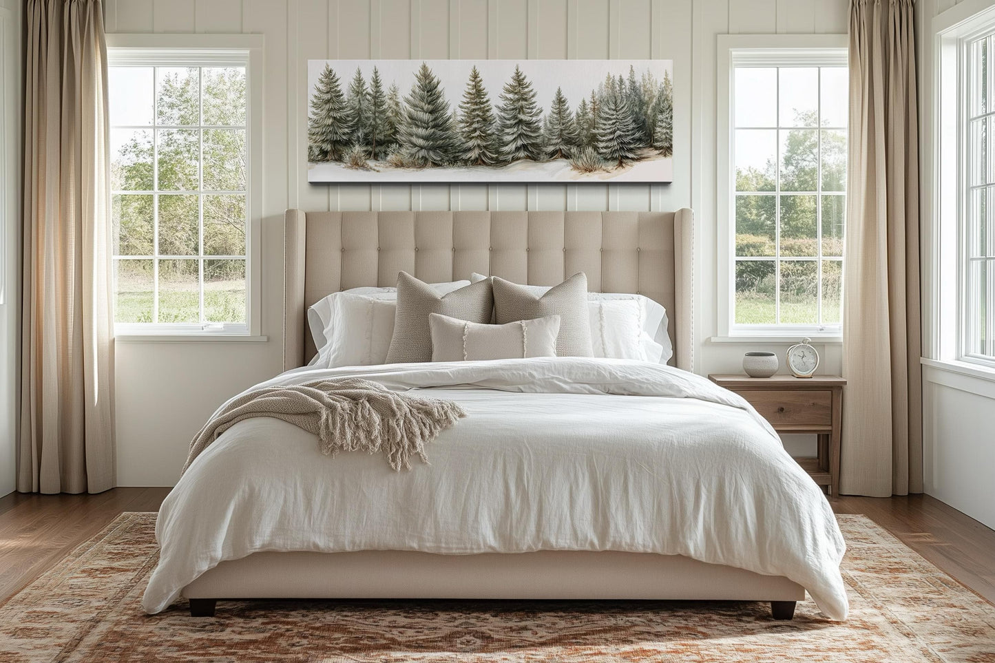 Sage Green Pine Trees Wall Art - Long Horizontal Canvas | Neutral Forest Decor