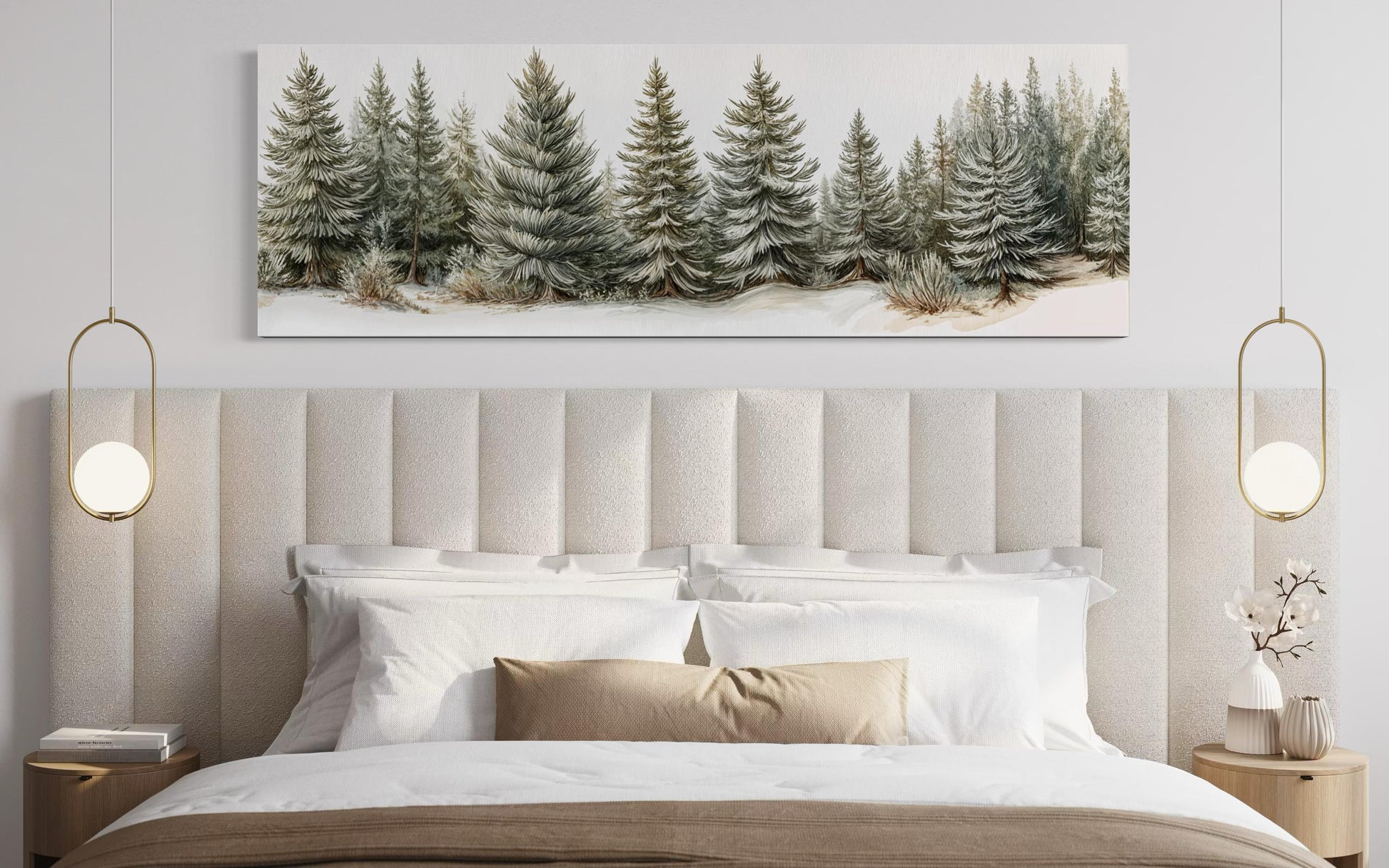 Sage Green Pine Trees Wall Art - Long Horizontal Canvas | Neutral Forest Decor