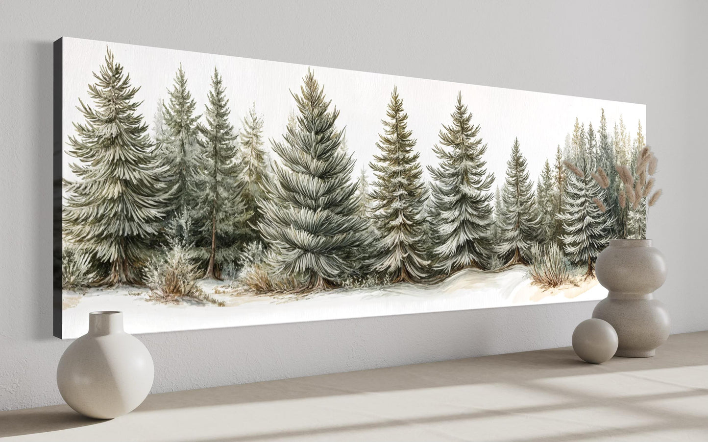 Sage Green Pine Trees Wall Art - Long Horizontal Canvas | Neutral Forest Decor