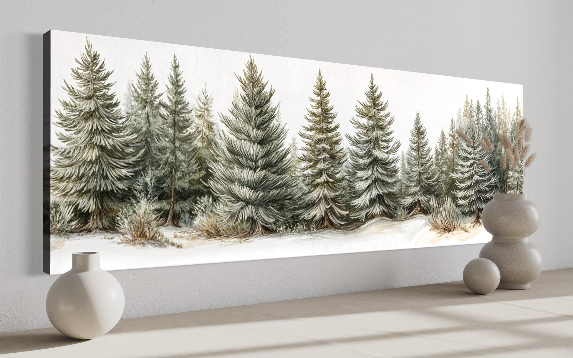 Sage Green Pine Trees Wall Art - Long Horizontal Canvas | Neutral Forest Decor
