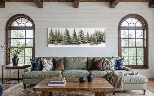 Sage Green Pine Trees Wall Art - Long Horizontal Canvas | Neutral Forest Decor